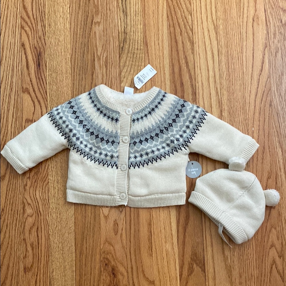 GAP Baby Sherpa Lined Cream and Gray Knit Baby Cardigan and Hat Set